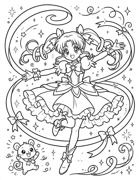 Magical Girl Transformation coloring page: A magical girl twirls as sparkles swirl around her.