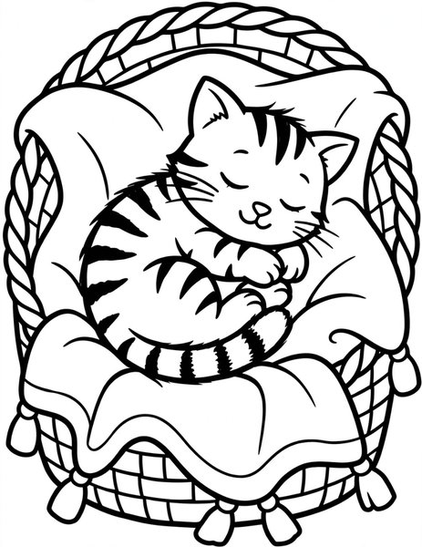 Kitten Nap coloring page: A sleepy kitten curled in a basket.