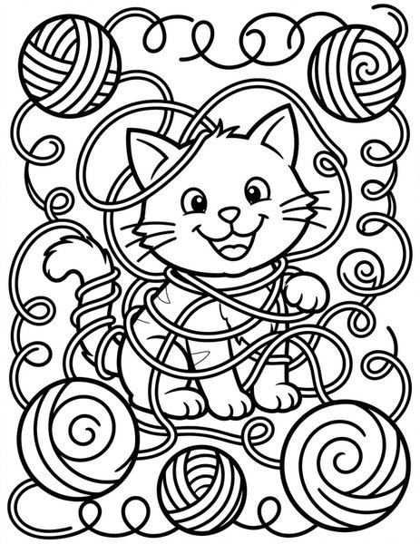 Cat and Yarn coloring page: A kitten tangled in colorful yarn.
