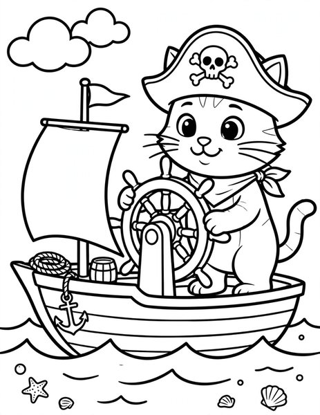Pirate Cat coloring page: A cat captain on a toy ship.