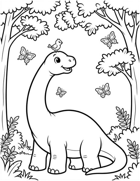 Gentle Giant coloring page: A towering brachiosaurus munches leaves from the tallest treetops.