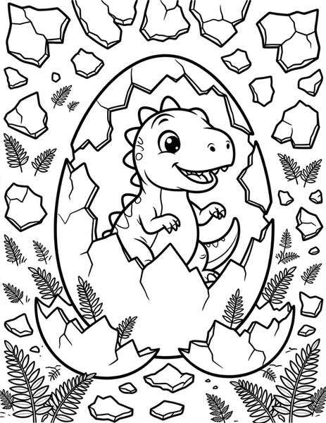 Tiny T-Rex coloring page: A baby tyrannosaurus hatches from a giant spotted egg.