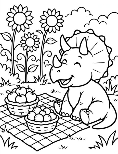 Triceratops Picnic coloring page: A triceratops enjoys a sunny picnic with baskets of fruit.