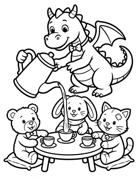 Dragon Tea Party coloring page: A gentle dragon pours tea for stuffed animal friends.