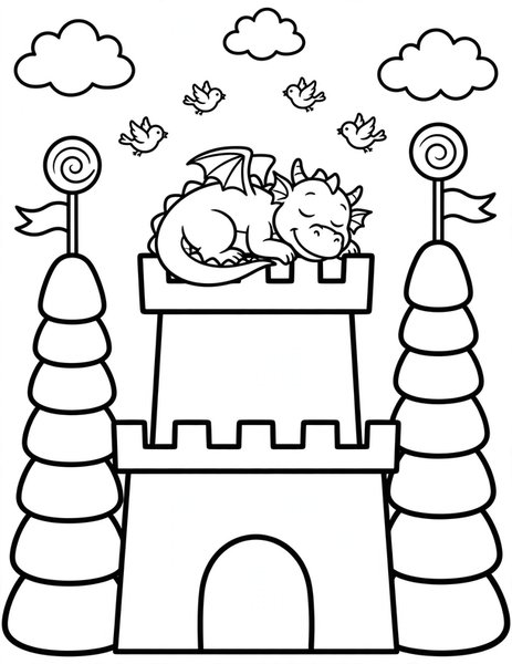 Castle Guardian coloring page: A friendly dragon naps on top of a candy castle.