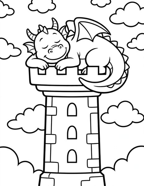 Dragon Castle coloring page: A dragon naps atop a castle tower.