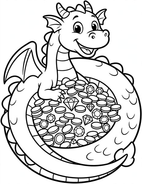 Dragon Treasure coloring page: A dragon guards a glittering hoard.