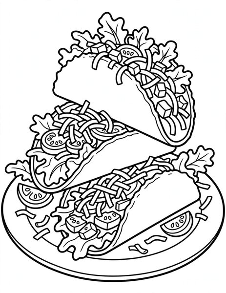 Taco Tuesday coloring page: Tacos piled high with tasty fillings.