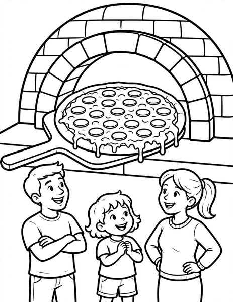 Pizza Party coloring page: A cheesy pizza fresh from the oven.