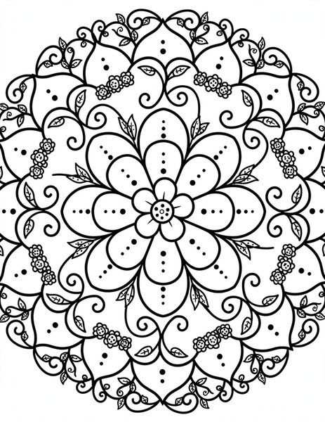 Flower Garden Mandala coloring page: Layered petals and swirling vines bloom in a circle.