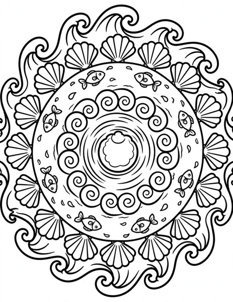 Ocean Wave Mandala coloring page: Curling waves and seashells swirl in harmony.
