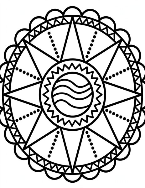 Sunshine Mandala coloring page: Radiant sunbeams and dots glow outward.