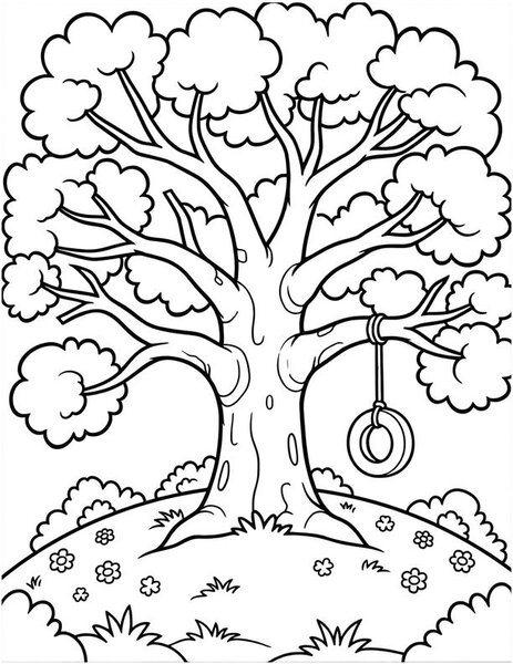 Grand Oak coloring page: A giant oak spreads its branches wide.
