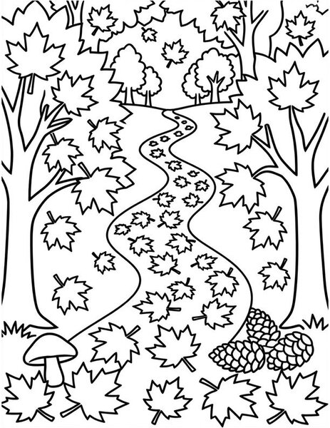Autumn Walk coloring page: Golden leaves carpet the trail.