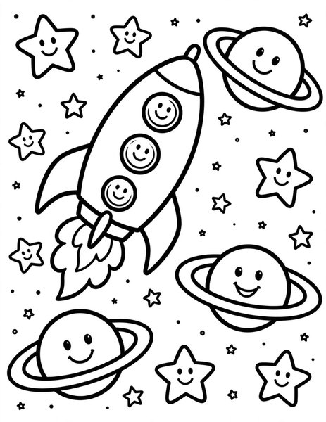 Rocket Ride coloring page: Blast off in a chunky rocket soaring past stars and planets.