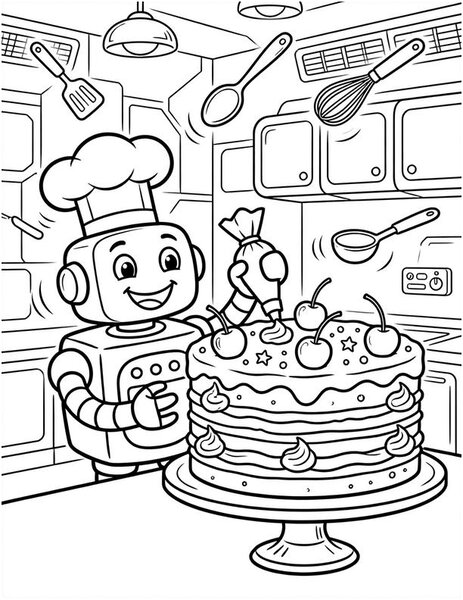 Robot Chef coloring page: A friendly robot whips up a giant birthday cake in a space kitchen.