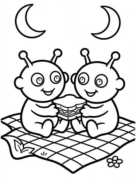 Alien Picnic coloring page: Two cute aliens share snacks on a blanket under twin moons.