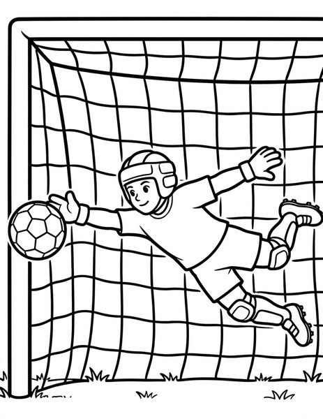 Goalie Dive coloring page: The goalie dives to block the shot.