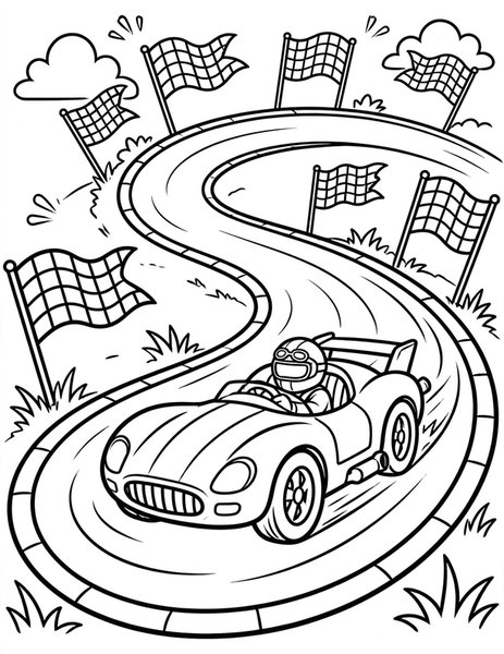 Race Car Zoom coloring page: A speedy race car zooms around the track.