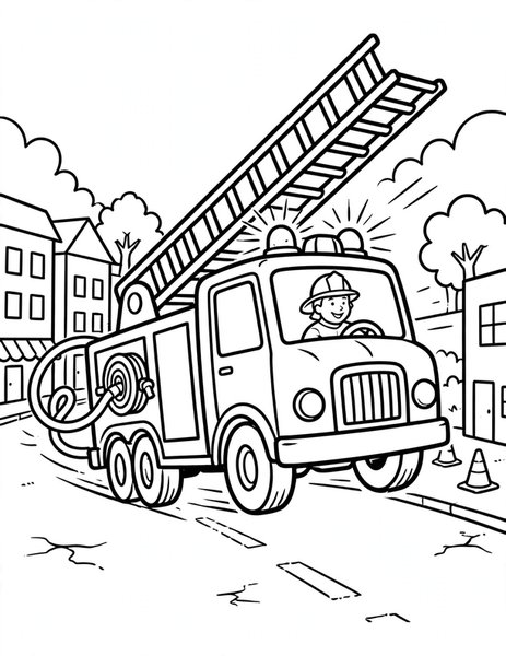 Fire Truck Rescue coloring page: A fire truck races to help with ladders and hoses.