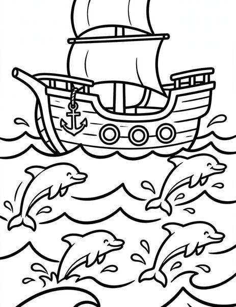 Pirate Ship Voyage coloring page: A pirate ship sails the seas with a skull flag.