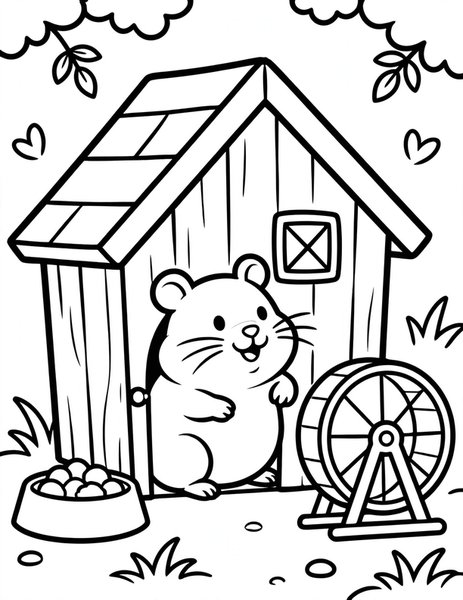 Hamster Home coloring page: A chubby hamster peeks out of its little wooden house.