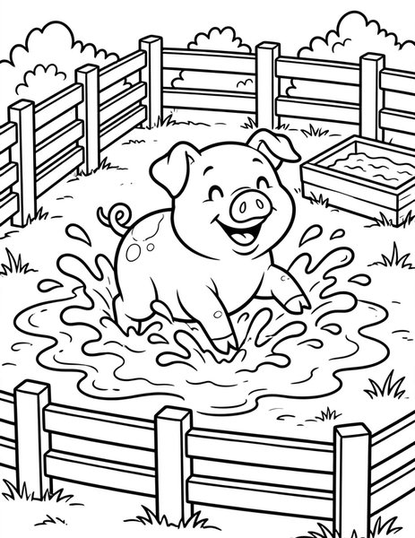 Muddy Pig coloring page: A cheerful pig splashes in a mud puddle.