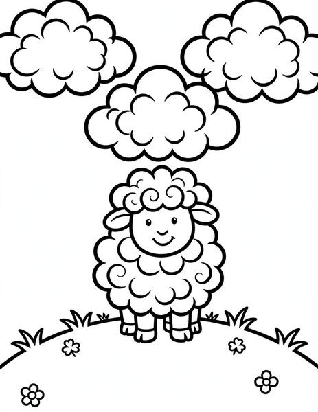 Woolly Sheep coloring page: A fluffy sheep stands on a grassy hill.