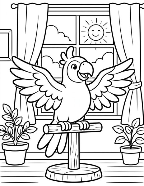 Chatty Parrot coloring page: A cheerful parrot sits on a perch saying hello.