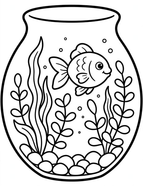 Goldfish Bowl coloring page: A round goldfish swims in circles in its bowl.