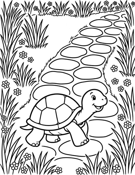Turtle Trek coloring page: A slow turtle ambles along the garden path.