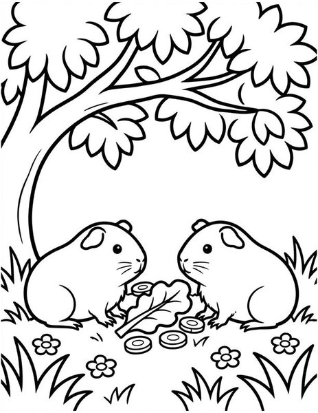Guinea Pig Picnic coloring page: Two guinea pigs share veggies on the grass.
