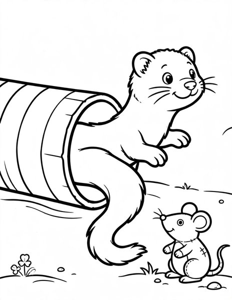 Ferret Fun coloring page: A long ferret pops out of a cardboard tube.