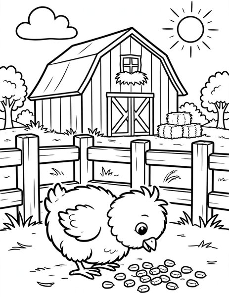 Baby Chick coloring page: A fluffy chick pecks at corn in the barnyard.