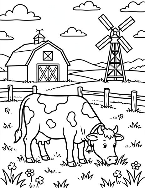 Gentle Cow coloring page: A spotted cow grazes in a wide pasture.