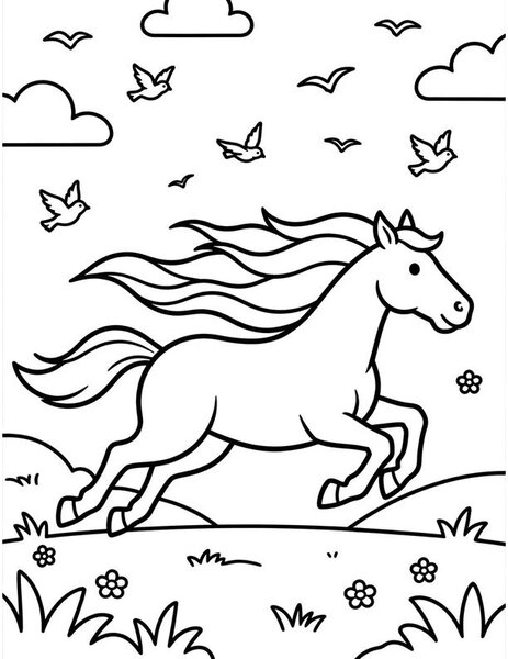 Galloping Horse coloring page: A strong horse gallops across an open field.