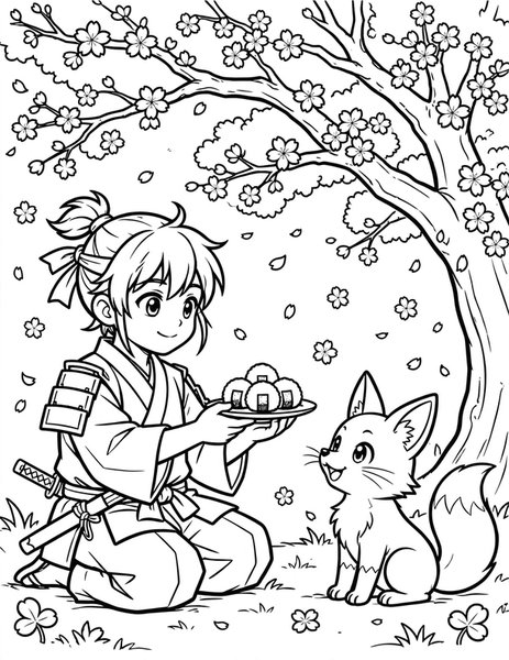 Samurai Snack Break coloring page: A young samurai shares rice balls with a fox.