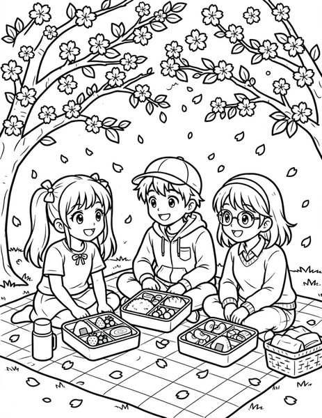 Cherry Blossom Picnic coloring page: Friends picnic under falling blossom petals.
