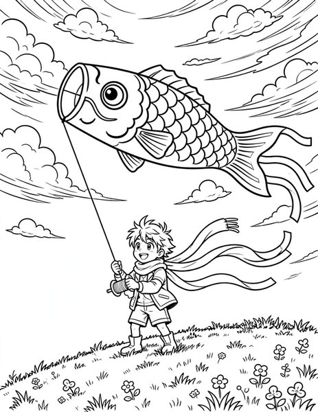 Kite Flying Day coloring page: A boy flies a carp-shaped kite on a hill.
