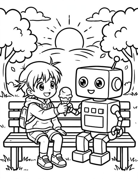Robot Best Friend coloring page: A kid and a boxy robot share an ice cream.