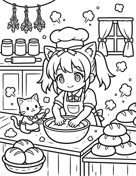 Cat-Eared Baker coloring page: A cat-eared girl bakes bread in a cozy shop.