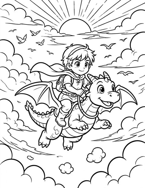 Dragon Rider Dawn coloring page: A brave kid rides a small dragon at sunrise.