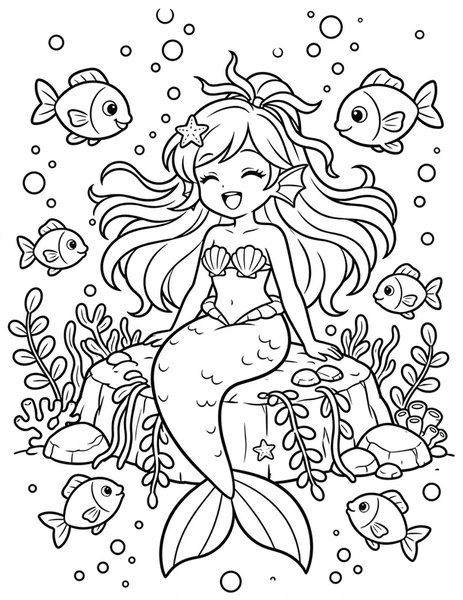 Mermaid Melody coloring page: An anime mermaid sings to the fish.