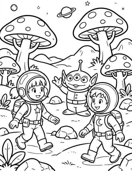 Space Explorer Duo coloring page: Two kids explore a strange alien planet.