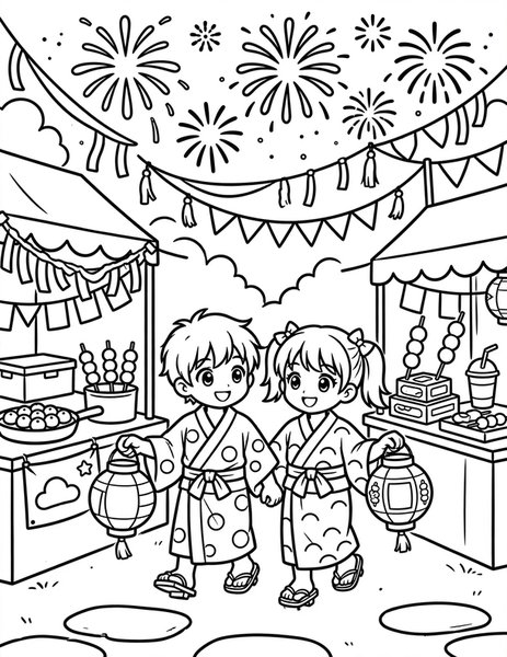 Festival Lantern Night coloring page: Kids carry glowing lanterns at a summer festival.