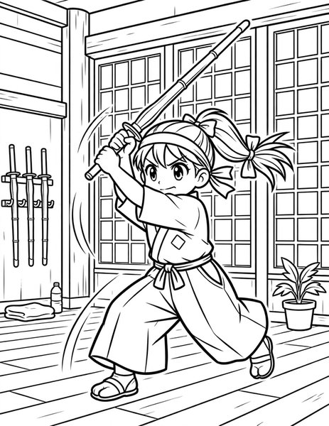 Kendo Practice coloring page: A determined girl practices kendo swings.