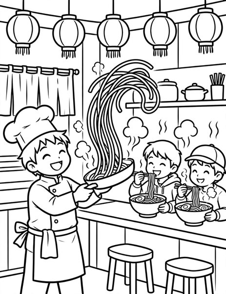 Ramen Shop Rush coloring page: A chef tosses noodles in a steamy ramen shop.