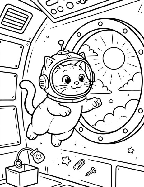 Astronaut Cat coloring page: A cat floats in a spaceship.