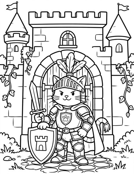 Knight Cat coloring page: A brave cat guards a castle.