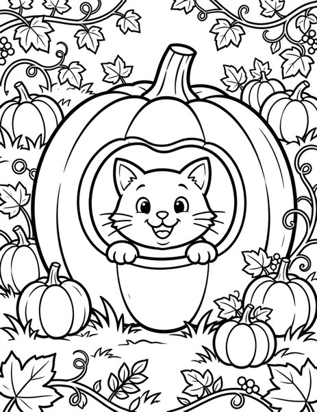 Pumpkin Cat coloring page: A cat sits inside a big pumpkin.
